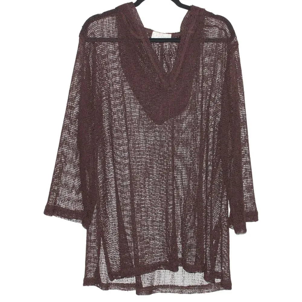 J. Valdi Brown Sequin Open Knit Swim Coverup Tunic Dress Size Large